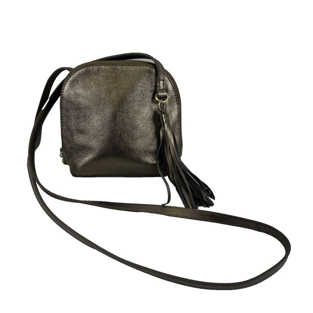 HOBO Nash Crossbody Pebbled Metallic Leather Bronze Zip Around Tassle Fringe